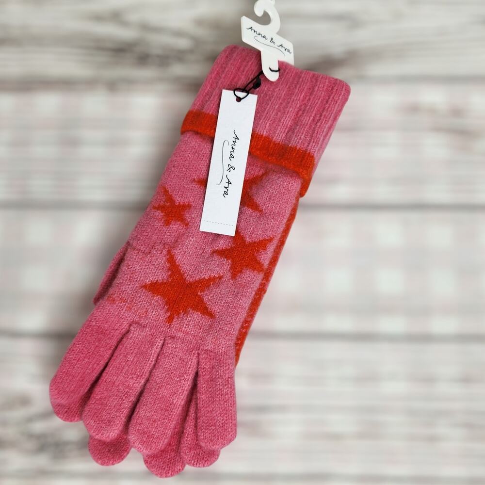 Anna & Ava Star Knit Traditional Five Finger Gloves One Size Cozy Winter